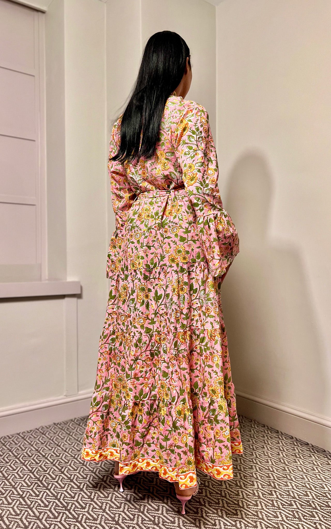 Emma Floral Block Print Cotton Maxi Dress with Bell Sleeves