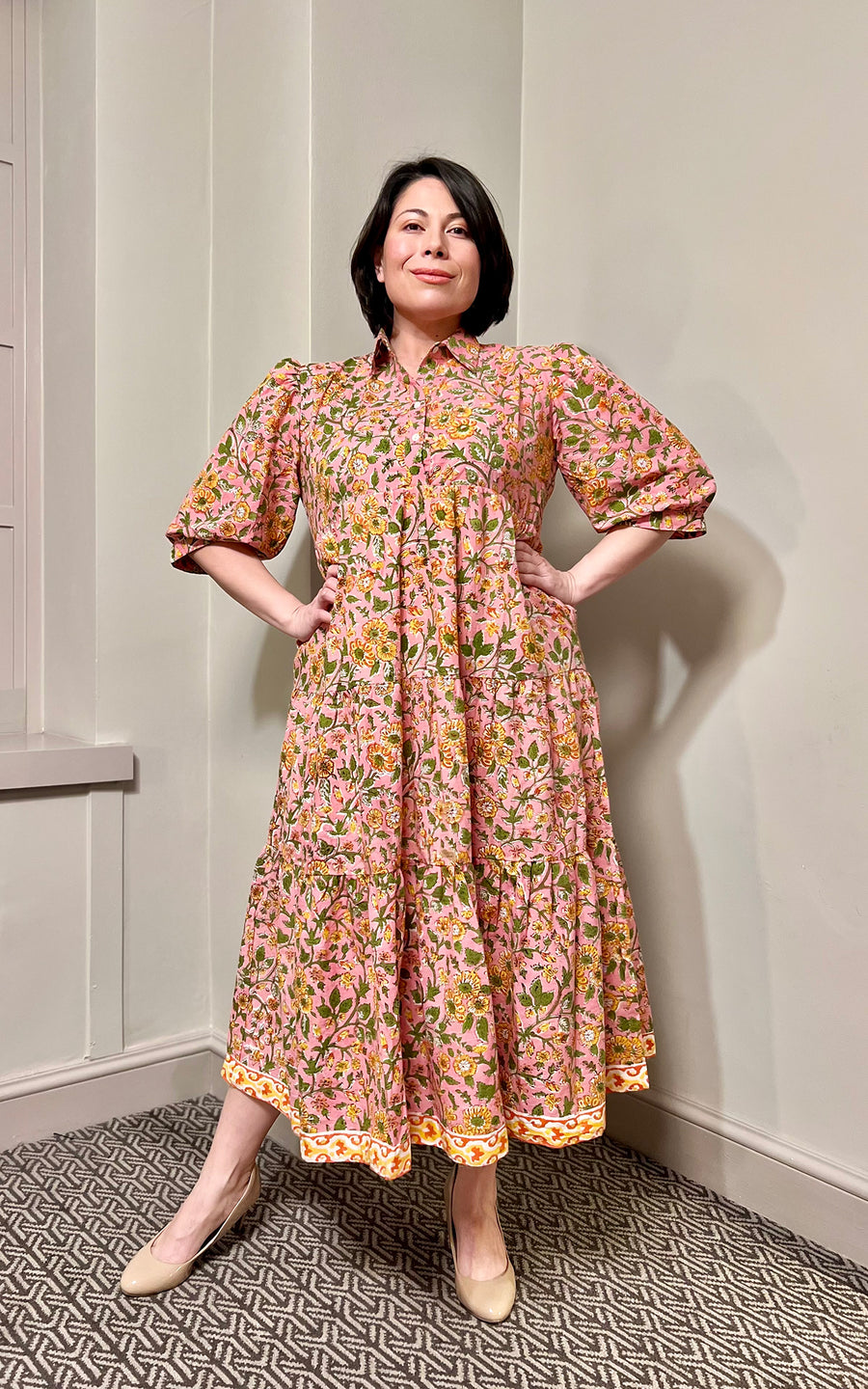 Emma Block Print Shirt Collar Cotton Midi Dress