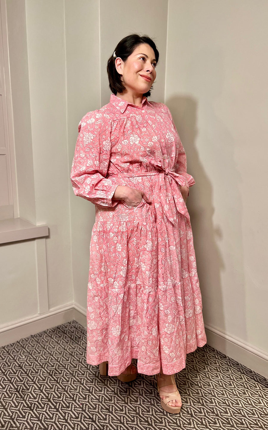 Blossom Block Print Cotton Maxi Dress With Full Sleeves