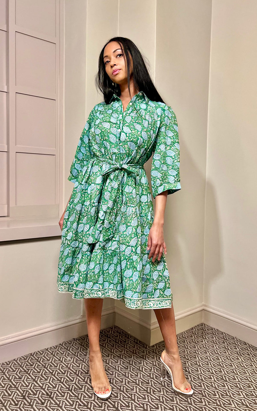 Block Print Cotton Midi Dress With Sleeves