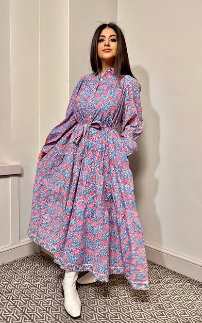 Jasper Block Print Cotton Maxi Dress With Full Sleeves