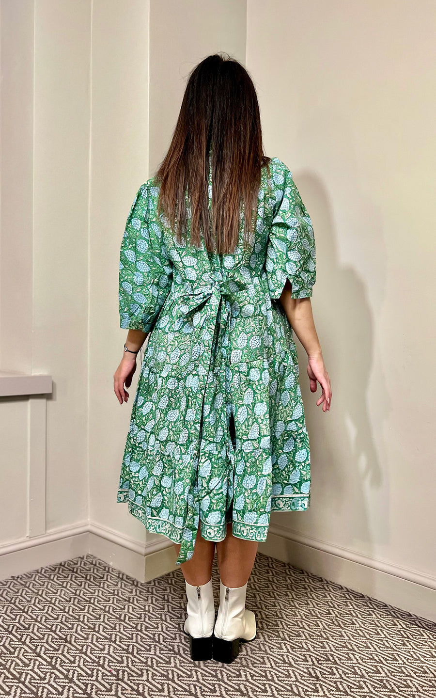 Block Print Cotton Midi Dress With Sleeves