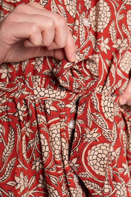 Red Block Print Cotton Maxi Dress With Sleeves