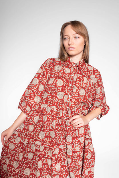 Red Block Print Cotton Maxi Dress With Sleeves