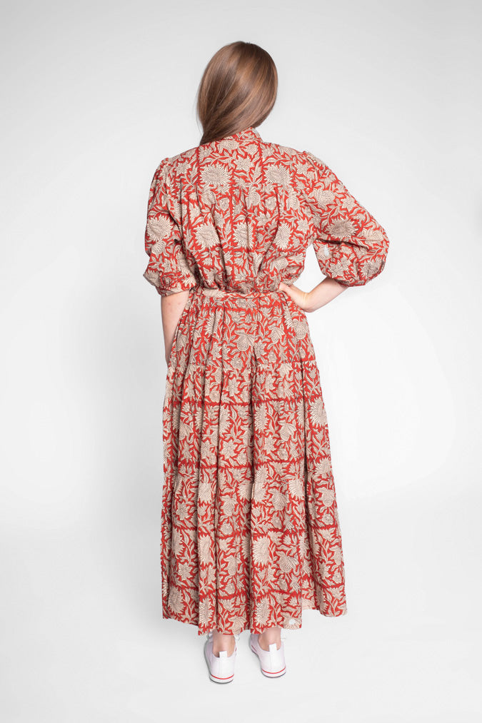 Red Block Print Cotton Maxi Dress With Sleeves