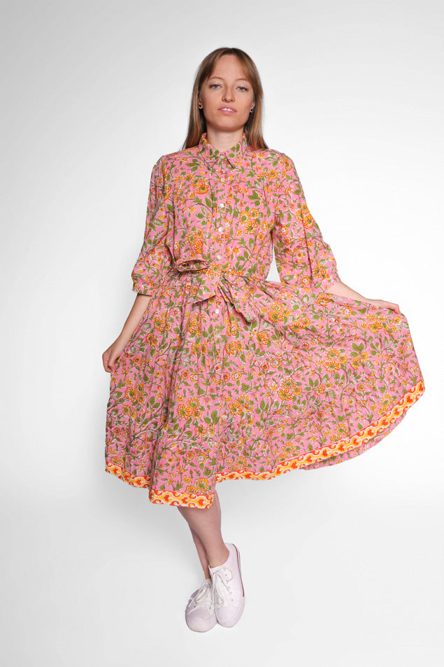 Block Print Cotton Midi Dress With Sleeves