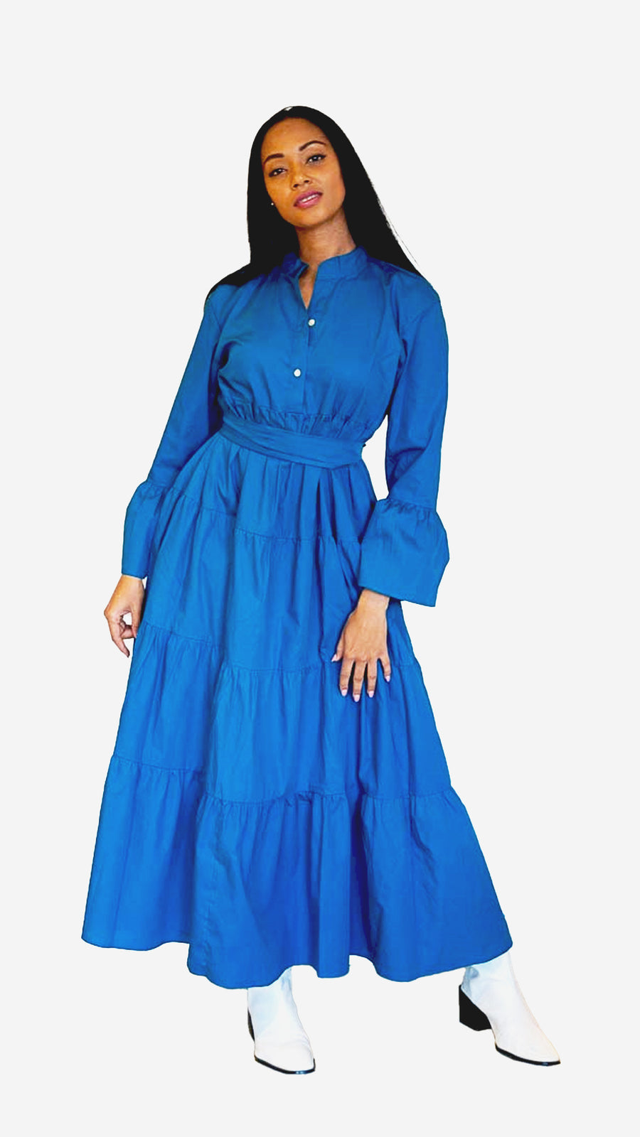 Azure Cotton Maxi Dress With Bell Sleeves